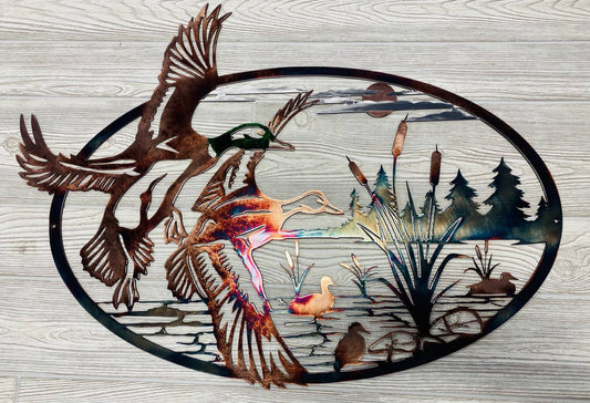 Ducks Landing on Pond Metal Wall Art