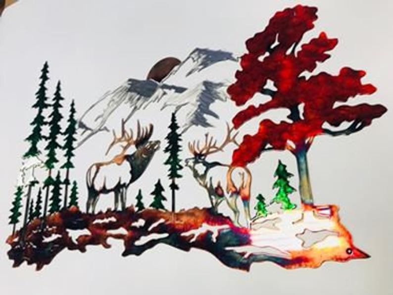 Elk and Mountain Metal Wall Art - Nature Décor - Elk Metal Wall Art - Mountain Metal Art - Hunting Décor - Gift for Hunter