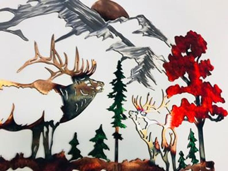 Elk and Mountain Metal Wall Art - Nature Décor - Elk Metal Wall Art - Mountain Metal Art - Hunting Décor - Gift for Hunter