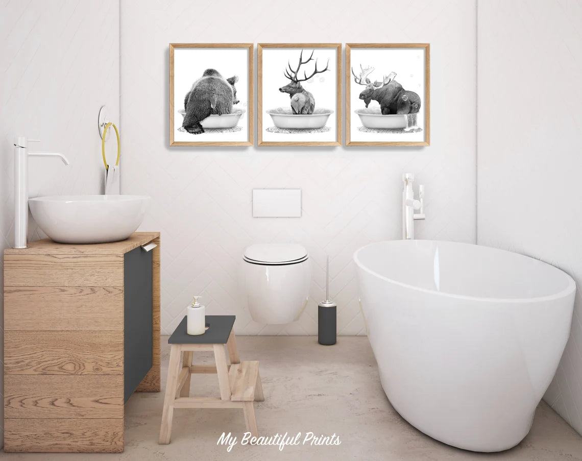 Unframed - Bathtub Woodland Animals Butt Set of 3 Print, Rustic Log Cabin Decor, Moose Wall Art, Bear Poster, Deer Bathroom Wall Art - FRAME NOT INCLUDED