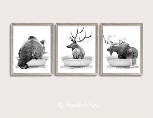 Unframed - Bathtub Woodland Animals Butt Set of 3 Print, Rustic Log Cabin Decor, Moose Wall Art, Bear Poster, Deer Bathroom Wall Art - FRAME NOT INCLUDED