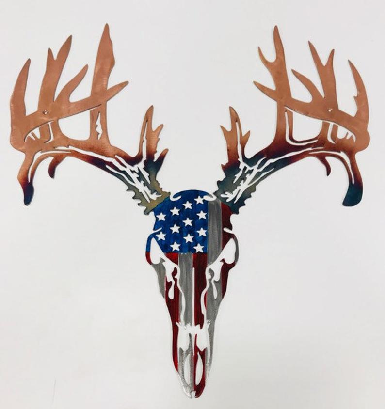 Deer Head American Flag Metal Wall Art - Gift for Hunter - America Flag Deer Metal Art - Hunting Décor - Hunting Art