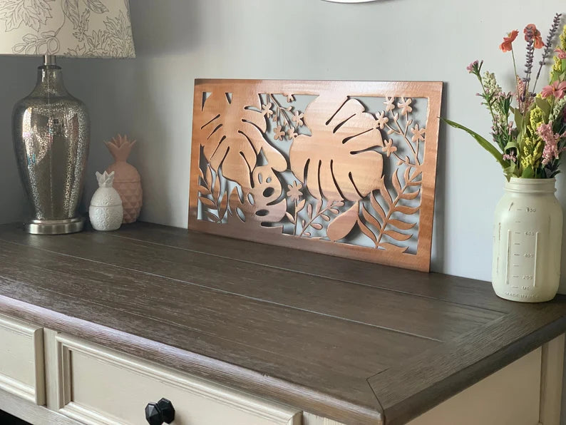Tropical Leaf Floral Rectangle Sign Metal Wall Art | Outdoor Patio Decor | Framed Art or Vent Cover | Unique Handmade Decor